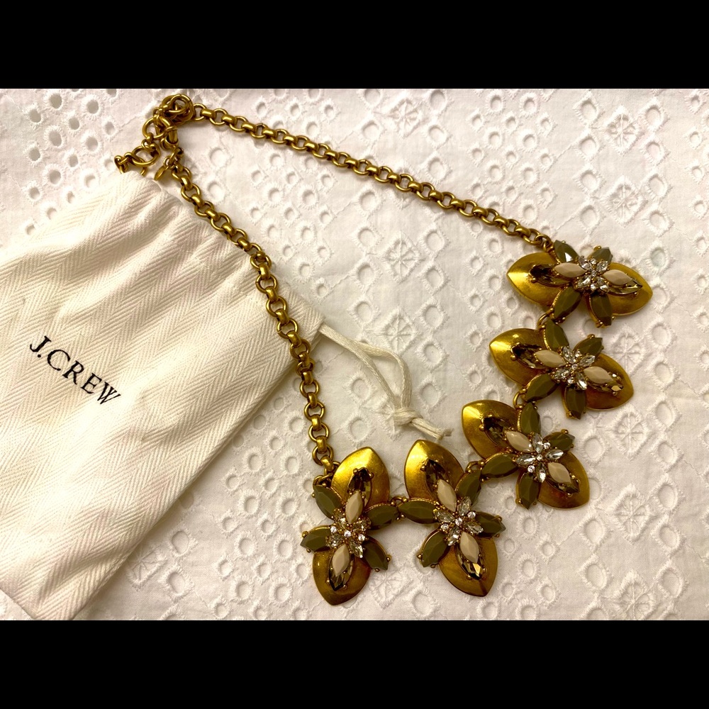 J. Crew gold, grey, and pale pink necklace with pouch.